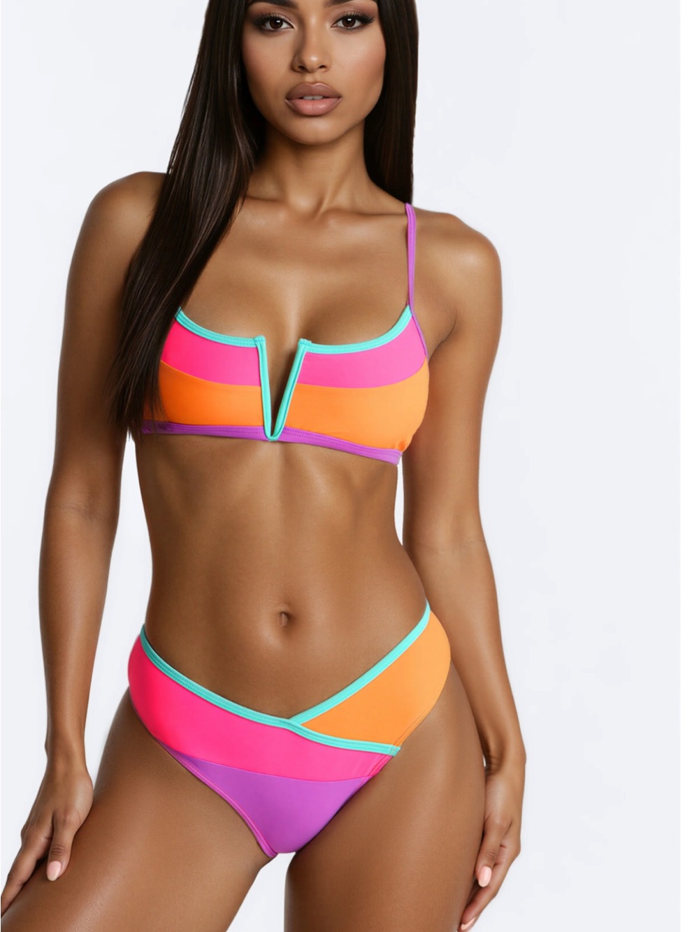 Colorblock V-Notch Bikini Set in Pink, Orange & Purple